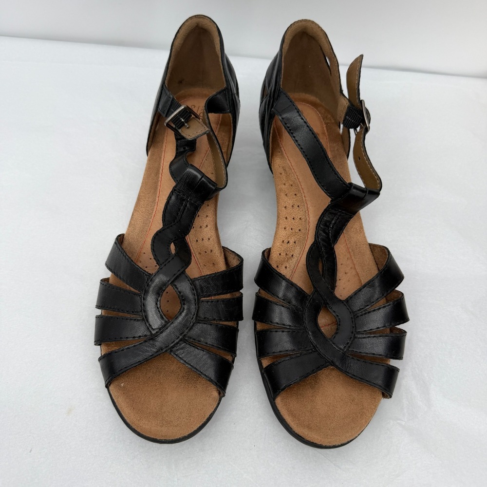 Rockport Cobb Hill Black Leather T-Strap Wedge Sandals Comfort Casual Size 8.5W